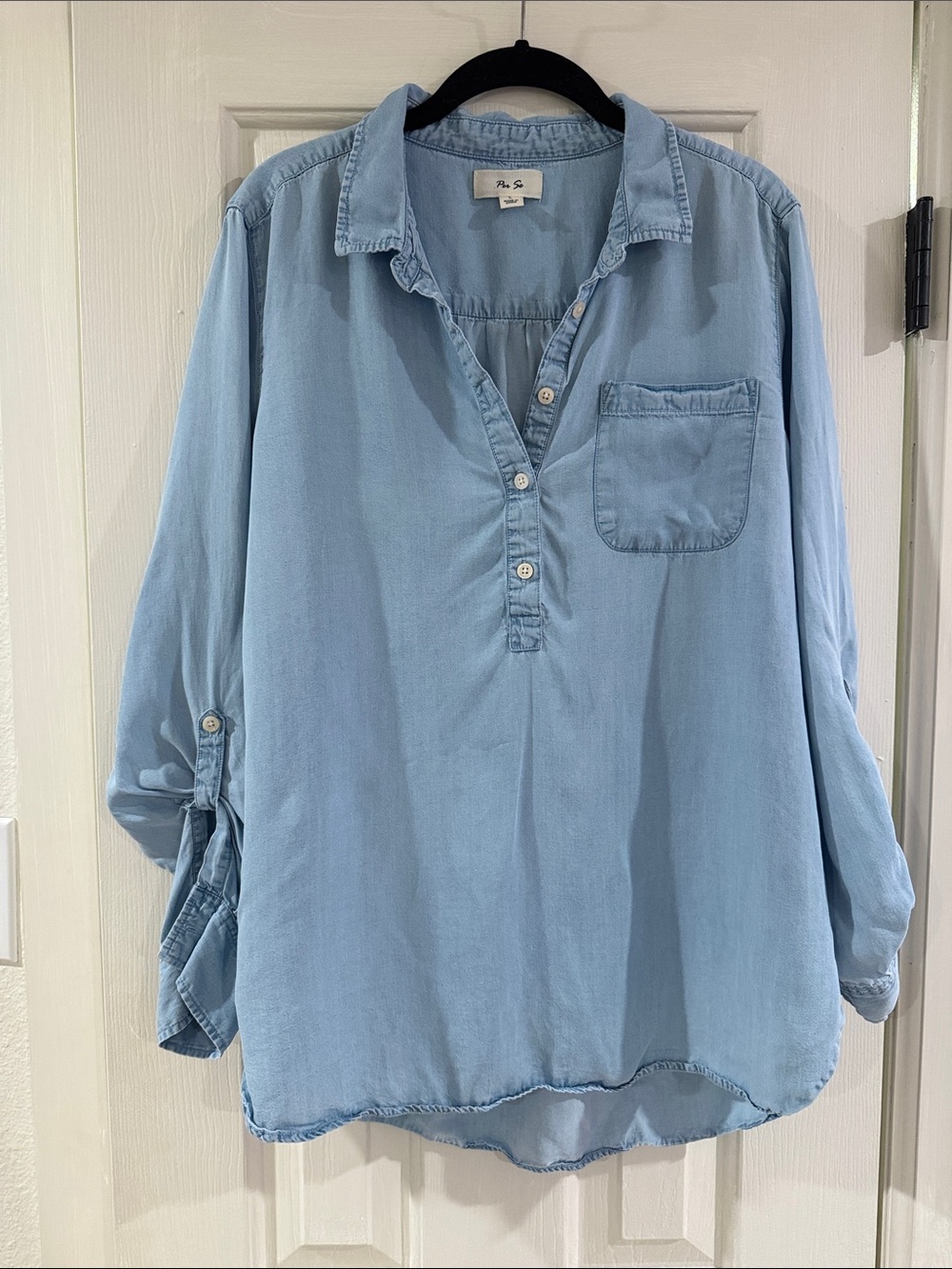 Per Se Light Blue Chambray Relaxed Pullover Tunic with Chest Pocket